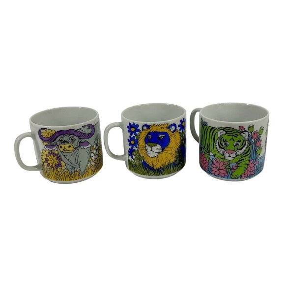 SI Japan Coffee Cup Mugs Tiger Lion Water Buffalo Animals Vintage Retro Drink - Picture 1 of 11